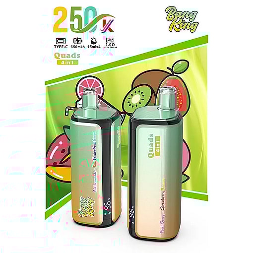 Two green and black Bang King 4-in-1 quad-style cordless bottles with fruit-themed labels, set against a bright fruit-themed background.