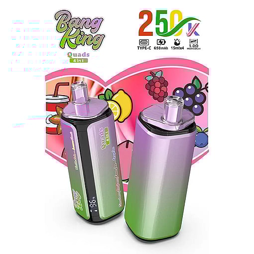 Two colorful smoothie-style blenders with purple-green gradient bodies, labeled Bang King Quads 4 in 1, set against a pink fruit-themed backdrop.