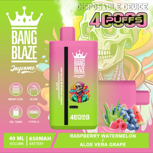 Pink and green gradient disposable vape device labeled Bang Blaze with a crown logo, featuring icons for mesh coil, slide, oil tank, and type-C charging, and a flavor description of raspberry watermelon and aloe vera grape alongside images of watermelon slices, aloe vera, grapes, blue berries, and raspberries, with a blurred skull wearing a colorful hoodie in the background and text indicating 4000 puffs, 40 ml volume, and 650 mAh battery.