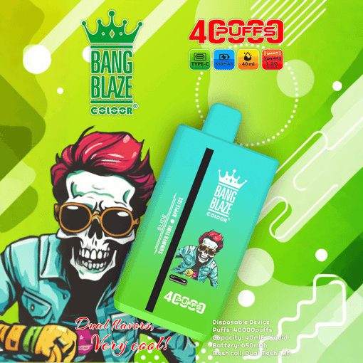 Bright green and yellow background featuring a teal reusable vaping device labeled Bang Blaze with a skull figure wearing sunglasses and red hair, technical specs including 650mAh battery, 40ml capacity, and dual mesh coil, and the Bang Blaze logo with a green crown above it.