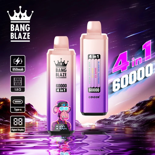 Two purple gradient BANG BLAZE vape devices with a reflective water surface at the bottom, featuring a digital display and a cartoon ape wearing a cap and goggles, surrounded by a starry night sky background and mountain peaks, with text highlighting 4-in-1 flavors and 60000 puffs.