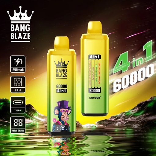 Two metallic 4-in-1 disposable vape devices branded Bang Blaze in gold to green gradient, one showing 60000 puff count and 4 flavors (strawberry mango, strawberry kiwi, apple grape, watermelon dragon fruit), with icons for 650mAh, 1.0 ohm, USB Type-C, and digital display on left, all set against a surreal yellow-green landscape with water reflection and rocky hills below a dark sky.