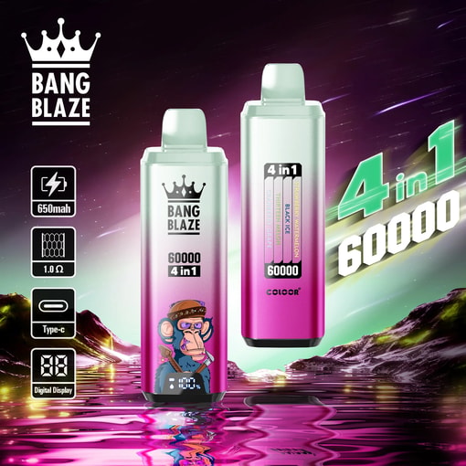 Two pink and silver Bang Blaze 60000 4-in-1 disposable vape devices with digital display and a monkey illustration on one, shown against a starry purple sky and reflective water surface, with specs indicating 650mAh battery, 1.0 ohm resistance, Type-C charging, and digital display.