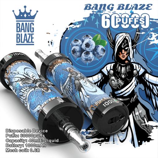 Two blue-themed disposable vape devices with angelic warrior artwork lying on a white surface, blue blueberries graphic in the background, product branding "BANG BLAZE" and details about 60000 puffs, 40ml e-liquid capacity, 1000mAh battery, and 0.6 ohm mesh coil.