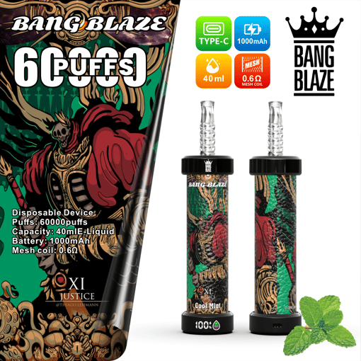 Bang Blaze disposable vaping device with skeleton warrior artwork, offering 6000 puffs, 40ml e-liquid capacity, 1000mAh battery, and 0.6 ohm mesh coil, depicted front and back with ventilation mouthpiece and mint leaves indicating cool mint flavor.
