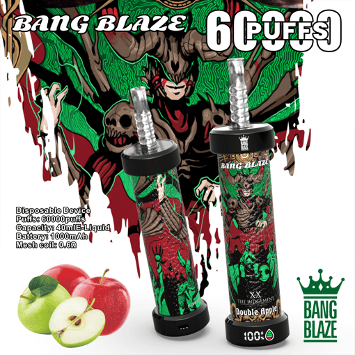 Two Bang Blaze disposable vape devices with colorful packaging featuring a horned skull figure and green and red graphics, labeled with 60,000 puffs and Double Apple flavor, alongside fresh green and red apples and product specifications on a white background.