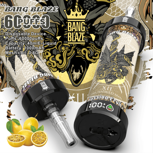 Two Bang Blaze disposable vape devices with artistic designs, labeled 60,000 puffs capacity, 40ml e-liquid, 1000mAh battery, and 0.6 ohm mesh coil, alongside a few passion fruits with one cut open showing seeds.