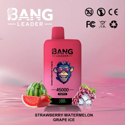Pink Bang Leader vape device with a monkey wearing sunglasses illustration, surrounded by strawberry, watermelon slice, grape bunch with ice cubes, against a pink background, labeled strawberry watermelon grape ice flavor and 45000 puffs