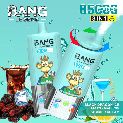 Two light blue BANG Legend 3-in-1 disposable vape devices with a monkey wearing a crown illustration, surrounded by water splashes, iced cola with black mulberries, and a blue cocktail with lemon slice, highlighting 8500 puffs and Black Dragon Ice Marshmallow Summer Dream flavors.