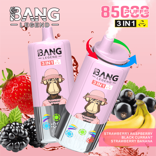 Two pink Bang Legend 3-in-1 disposable vape devices with a cartoon monkey wearing a pink hat on the label, surrounded by strawberries, raspberries, black currants, and bananas on a pink background with splash effects and text highlighting 8500 puffs and the three flavors: strawberry raspberry, black currant, and strawberry banana.