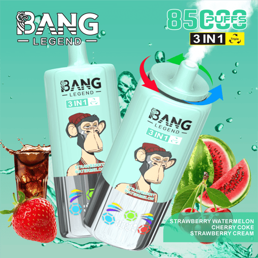 Two mint green disposable vape devices labeled Bang Legend 3 in 1 with an image of a monkey wearing a red hat, highlighting flavors strawberry watermelon, cherry coke, and strawberry cream, surrounded by splashes of water, a strawberry, a glass of cola, cherries, and watermelon slices, with text stating 8500 puffs and 3 in 1 triple flavors