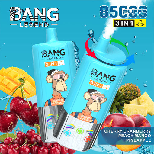 Two blue Bang Legend 3-in-1 disposable vaping devices with a monkey graphic and cherry cranberry flavor, surrounded by fresh mango, cherries, cranberry, pineapple, and peach against a blue background with text indicating 8500 puffs and fruit flavors.