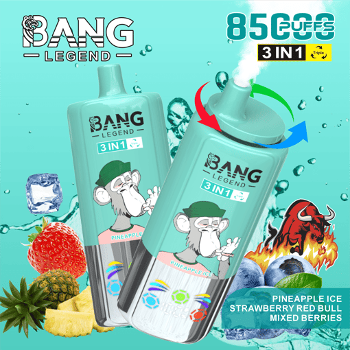 Two teal-colored Bang Legend disposable vape devices with an illustrated monkey wearing a green cap and pink shirt, labeled "3 IN 1 Triple" and "Pineapple Ice", surrounded by strawberries, pineapple slices, blueberries, ice cubes, and a red bull with flames, highlighting 8500 puffs and triple flavors: Pineapple Ice, Strawberry Red Bull, and Mixed Berries.