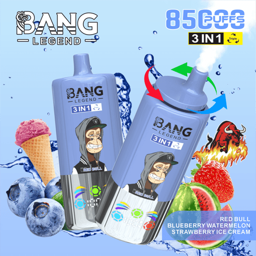 Two blue Bang Legend 3-in-1 disposable vape devices with animated Red Bull character logos, surrounded by blueberries, watermelon, strawberries, ice cream cone, and flames, with text highlighting 8500 puffs and flavors: Red Bull, Blueberry Watermelon, Strawberry Ice Cream.