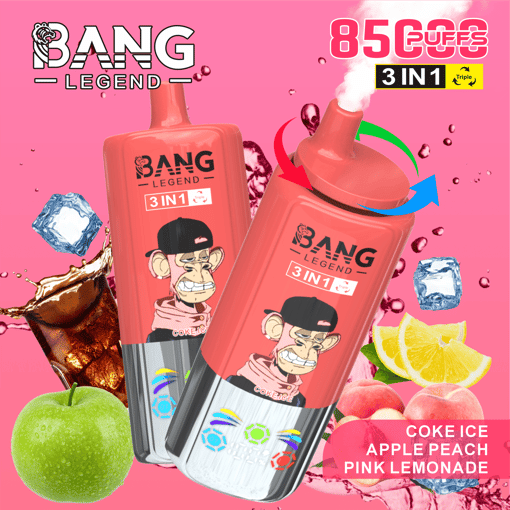 Two red Bang Legend vaping devices with cartoon monkeys on them surrounded by ice cubes, green apple, peach, lemon slices, and a splash of cola, indicating flavors of coke ice, apple peach, and pink lemonade with a pink background and text highlighting 8500 puffs and 3 in 1 triple flavor