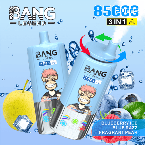 Two blue Bang Legend 3 in 1 disposable vape devices with a cartoon monkey design labeled Blueberry Ice, surrounded by water droplets, ice cubes, a peach, blueberries, raspberries, and green leaves, highlighting 8500 puffs and triple flavor functionality.