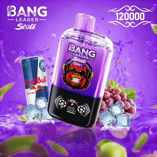 Purple Bang Leader Stoll 2-in-1 bottle with a gorilla with headphones logo, shown with a Red Bull can, grapes and ice cubes.