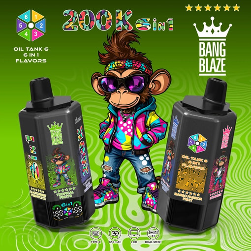 Two black vape bottles with labels flank a cartoon monkey in sunglasses on a lime background with 200K sin1 and Bang Blaze.