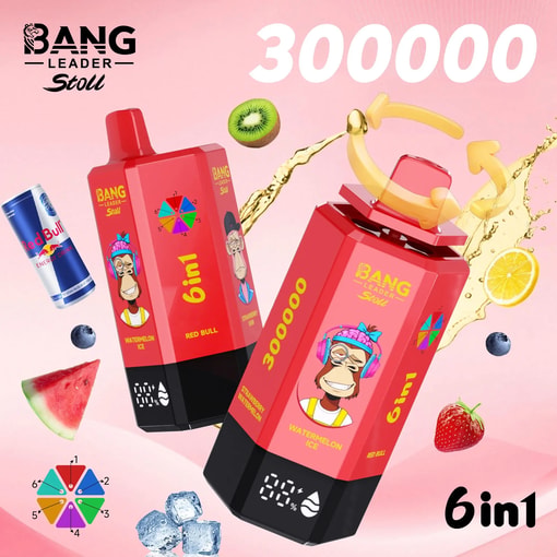 Pink poster with two red 6in1 energy drink packs featuring a cartoon headphone-wearing monkey, fruit graphics, and 300000.