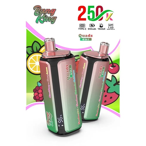 Two pink-green gradient vape devices with black bases standing side by side, featuring Quads 4 in 1 branding and fruit-themed graphics in the background.