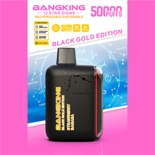 Black disposable vape pod with “BLACK GOLD EDITION” text and zodiac-themed background promoting 50,000 puffs