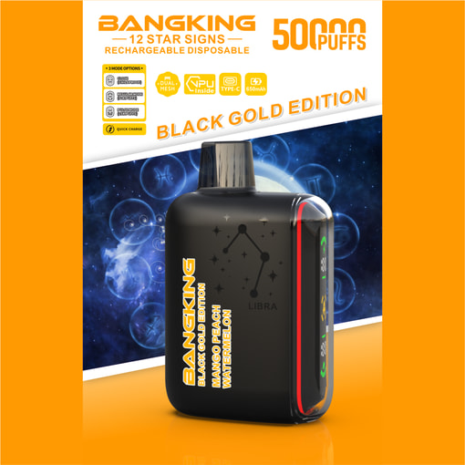 Black Gold Edition rechargeable vape with charging signs and “50,000 puffs” text on orange promotional background