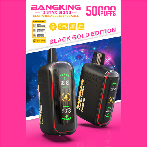 Two black Bangking rechargeable vapes with LED screen icons on a “Black Gold Edition” promotional poster