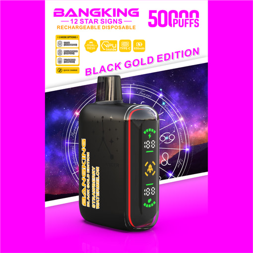 Bangking Black Gold vape device with “5000 Puffs” and “12 Star Signs” promo text on purple cosmic background