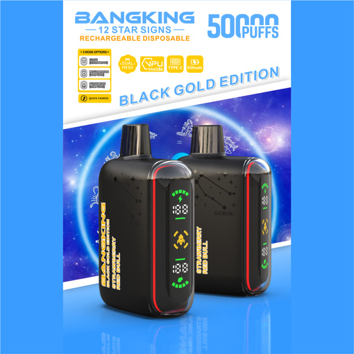 Black Gold Edition rechargeable vaping device package with two pods and “Bangking” text