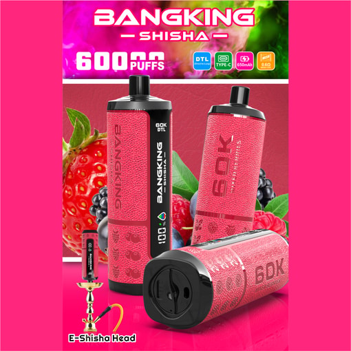 Bangking Shisha 6000 puffs disposable vape in red, with “E-Shisha Head” and product text on a pink background