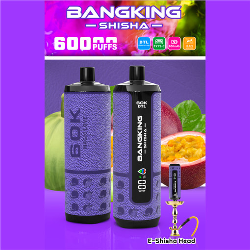 Promotional graphic for BANGKING Shisha with two purple 6000 puffs vape devices and “E-Shisha Head” text