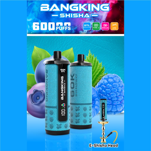 Bangking Shisha 6000 puffs e-shisha bottles with blue berry and leaf background, featuring E-Shisha Head