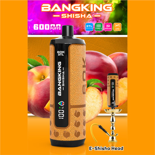 “BANGKING SHISHA” e-shisha product with a peach-themed design, box and device on display