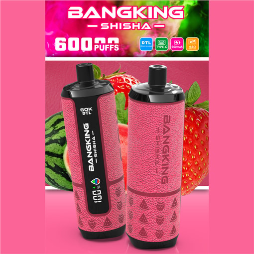 Two black and pink BanGking Shisha 60,000 puffs vape devices with strawberry and watermelon background and product text