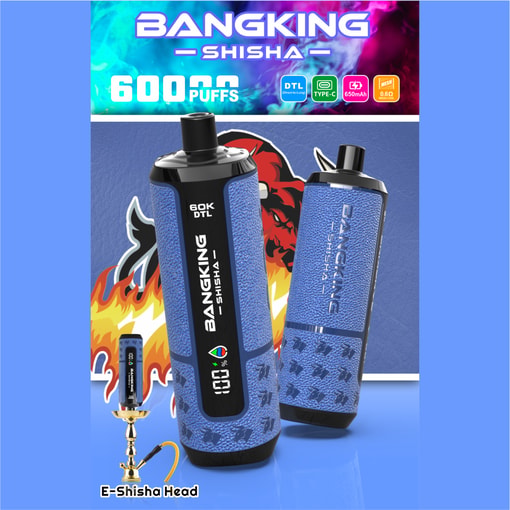 Bang King Shisha 6000 puffs vape device with two blue cartridges, “BANGKING-SHISHA” text background