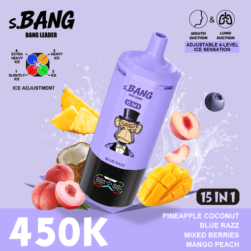 S.BANG Bang Leader 15-in-1 blue razz flavored icy drink bottle with fruit and ice icons, 4.50K label and text
