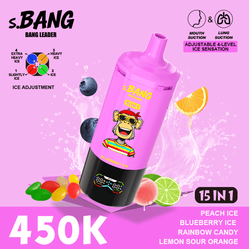 Pink S.BANG flavored ice pop maker with cartoon label and “450K” “15 in 1” and “Peach Ice” text