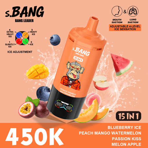 Orange S.BANG 15-in-1 ice flavor drink bottle with fruit graphics and “4.50K” on peach background