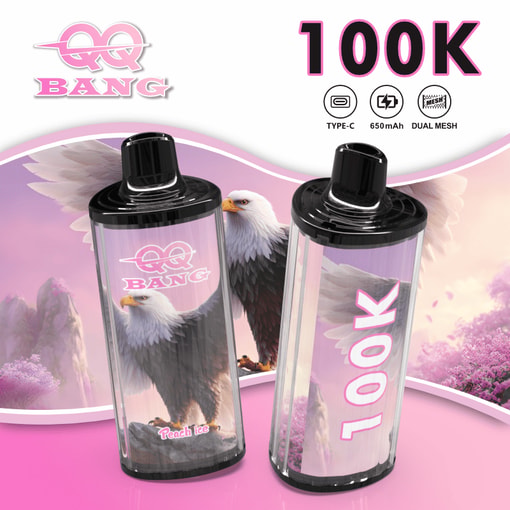 Two black QQ BANG vape devices with pink “100K” text and “Peach ice” flavor, shown on a floral background
