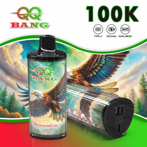 QQ BANG vape device with “1 00K” and “Watermelon ice” branding against a sky eagles background