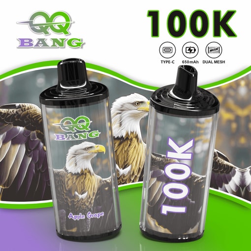 Two black vape pods with colorful “QQ BANG” and “100K” graphics, featuring an eagle illustration in the background