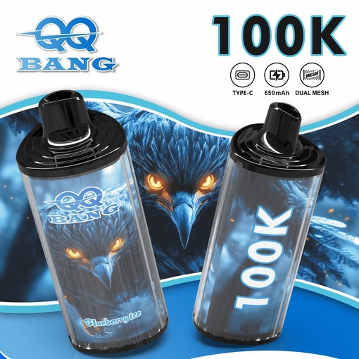 Two black Blueberry ICE vaping pods with blue “100K” branding, Type-C, 650mAh, and dual mesh icons