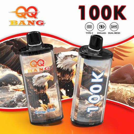 QQ BANG energy drink bottles with eagles in a desert scene, showing 100K and Type-C 650mAh dual mesh text