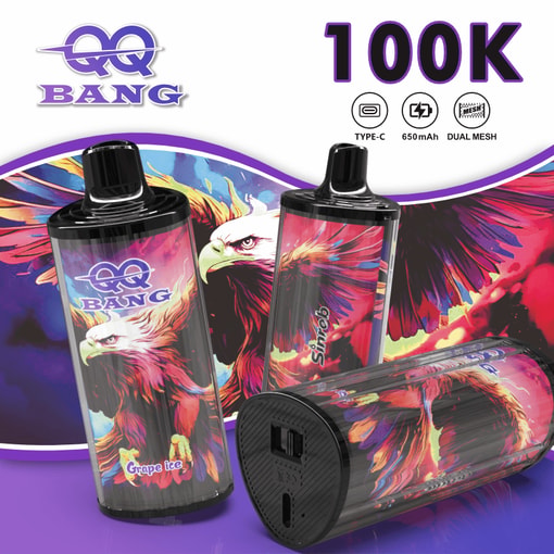 Vape device set with colorful tiger-bird graphics, featuring “QQ BANG” branding and 100K “Type-C 650mAh” callouts