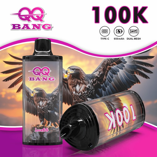 QQ BANG vape devices with eagle graphics, “100K” and “YOOL” text, Type-C and 650mAh icons on a sunset background