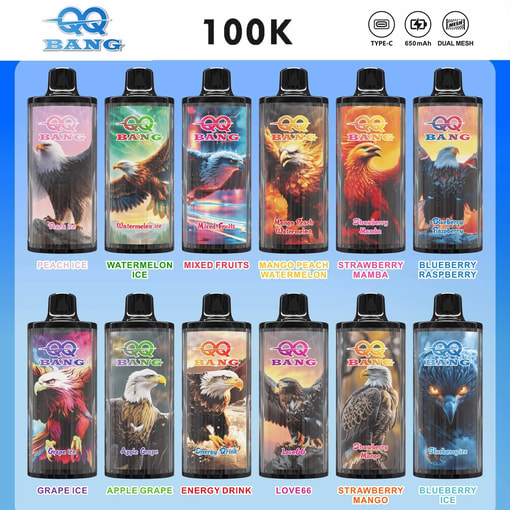 Set of QQ BANG energy drink bottles with eagle graphics and flavor labels like Watermelon, Mixed Fruits, and Blueberry Raspberry