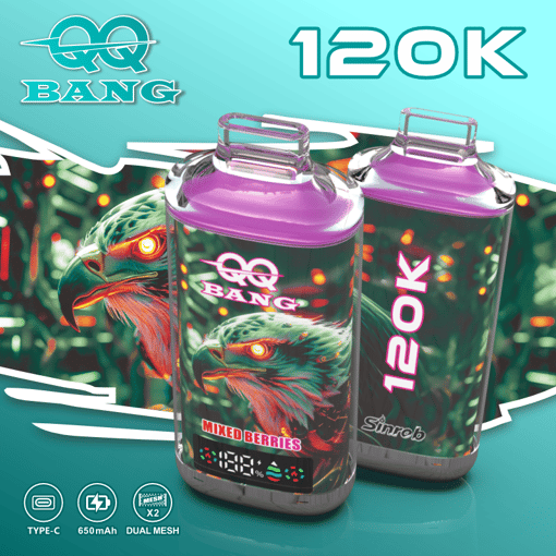 Two purple e-liquid bottles with dinosaur artwork, “QQ BANG” branding, and “120K” text on a teal promo background