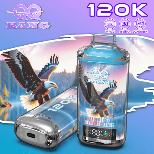 Two Eeqq Bang energy devices with eagle artwork, “120K” text, and Blueberry Red Raspberry flavor label