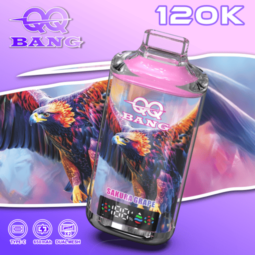 Glass bottle with colorful Qq Bang eagle print, 120K text, and “SAKURA GRAPE” flavor label on purple gaming-style background