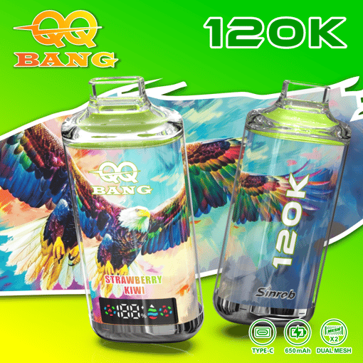 Two colorful disposable vape tanks labeled QQ Bang Strawberry Kiwi and 1,200K with Type-C, 650mAh and dual mesh text